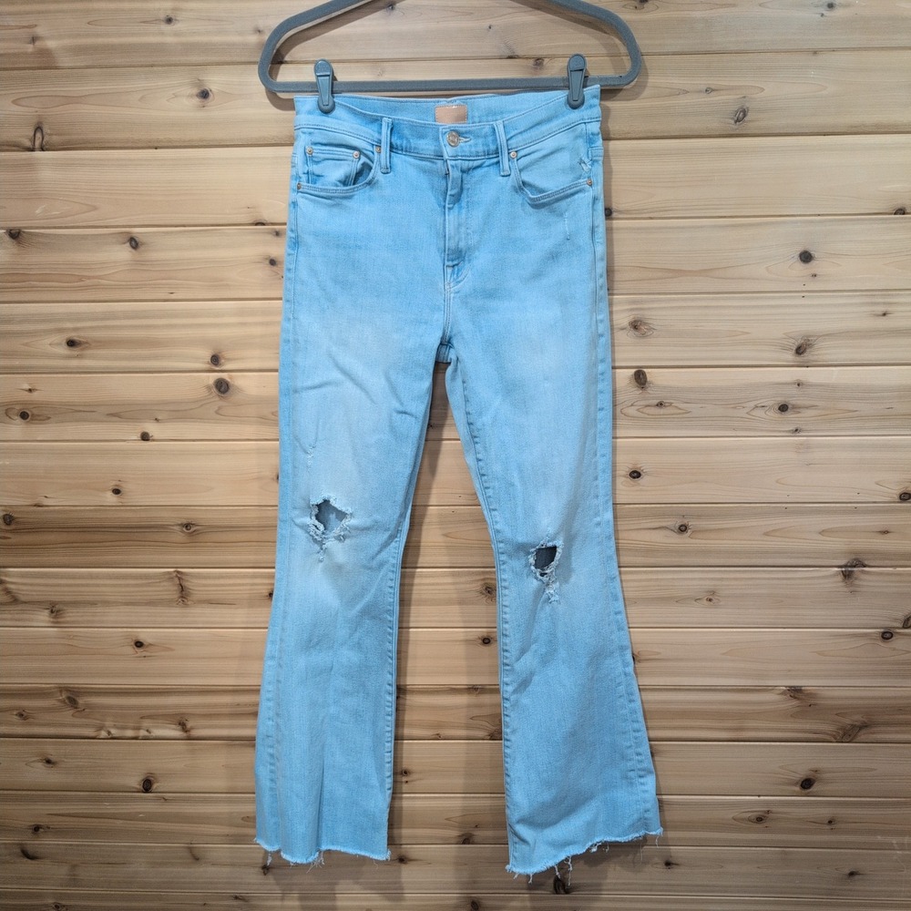 Mother The Weekender Fray Jeans 28 Not So Chill Pill Light Blue Distressed Flare